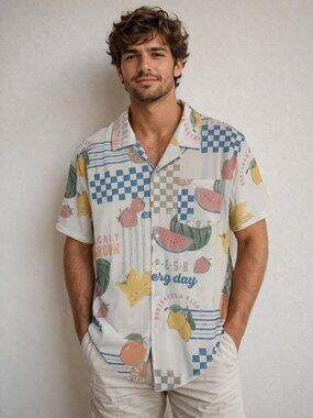 Vintage Summer Camp Shirt Short Sleeve Button Down Picnic Retro Size XXL